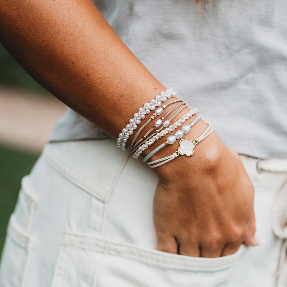 "Glimmer" Soft Pinks with Pearl and Gold Accent Hair Tie Bracelets