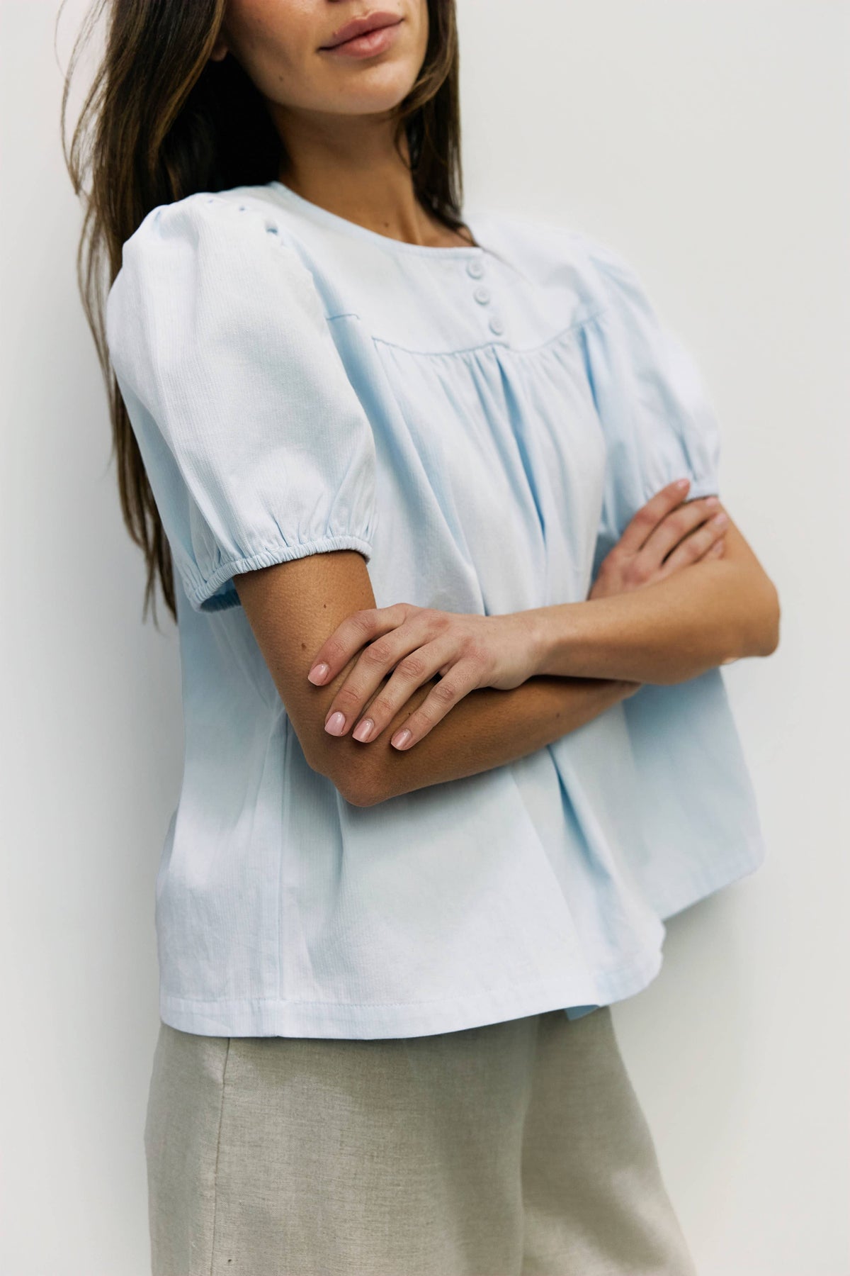 The Hazel Top | Puff Sleeve Baby Doll Blouse: Blue / SMALL