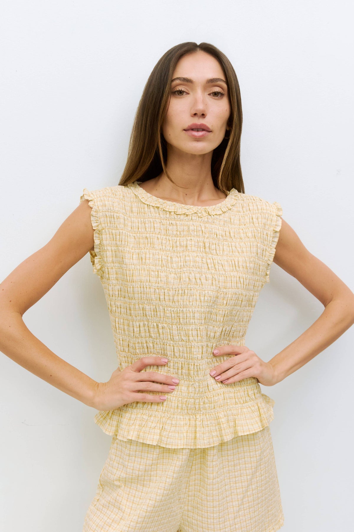 The Suri Top | Plaid Crinkle Top: Red/Yellow / MEDIUM