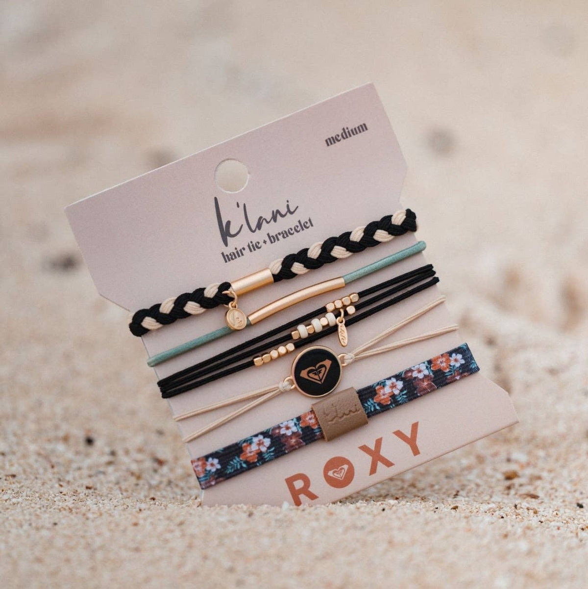 "Roxy Coastal Drift" Black and Neutral Beachy Vibe Hair Tie Bracelets