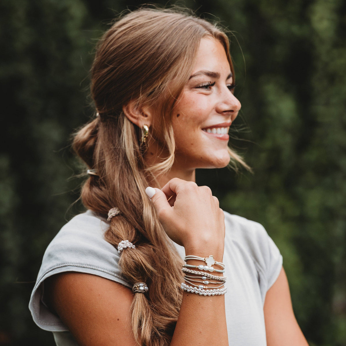 "Glimmer" Soft Pinks with Pearl and Gold Accent Hair Tie Bracelets