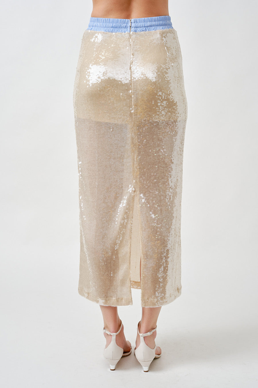 Sequin Midi Pencil Skirt W/ Plaid Contrast
