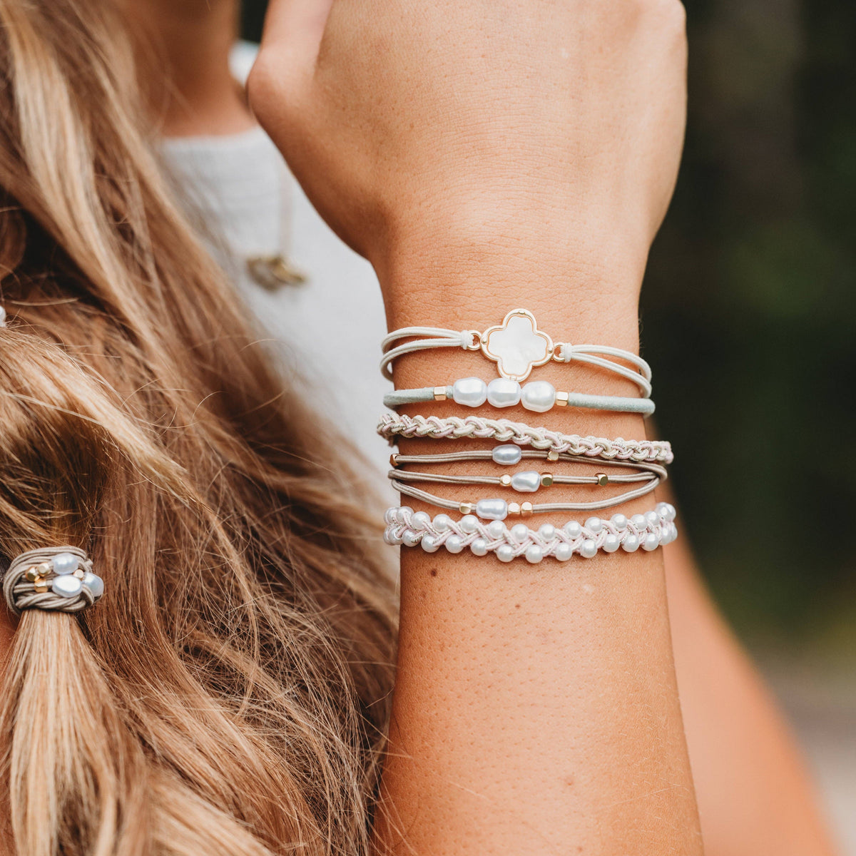 "Glimmer" Soft Pinks with Pearl and Gold Accent Hair Tie Bracelets