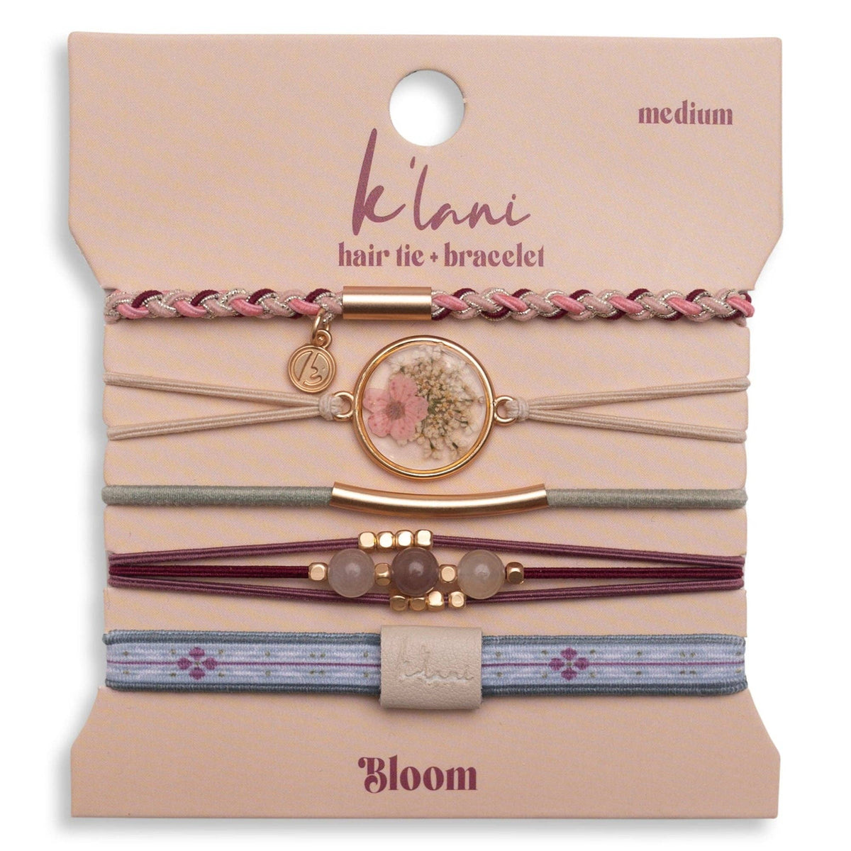 "Bloom" Maroon and Pink with Pressed Flowers Hair Tie Bracelets