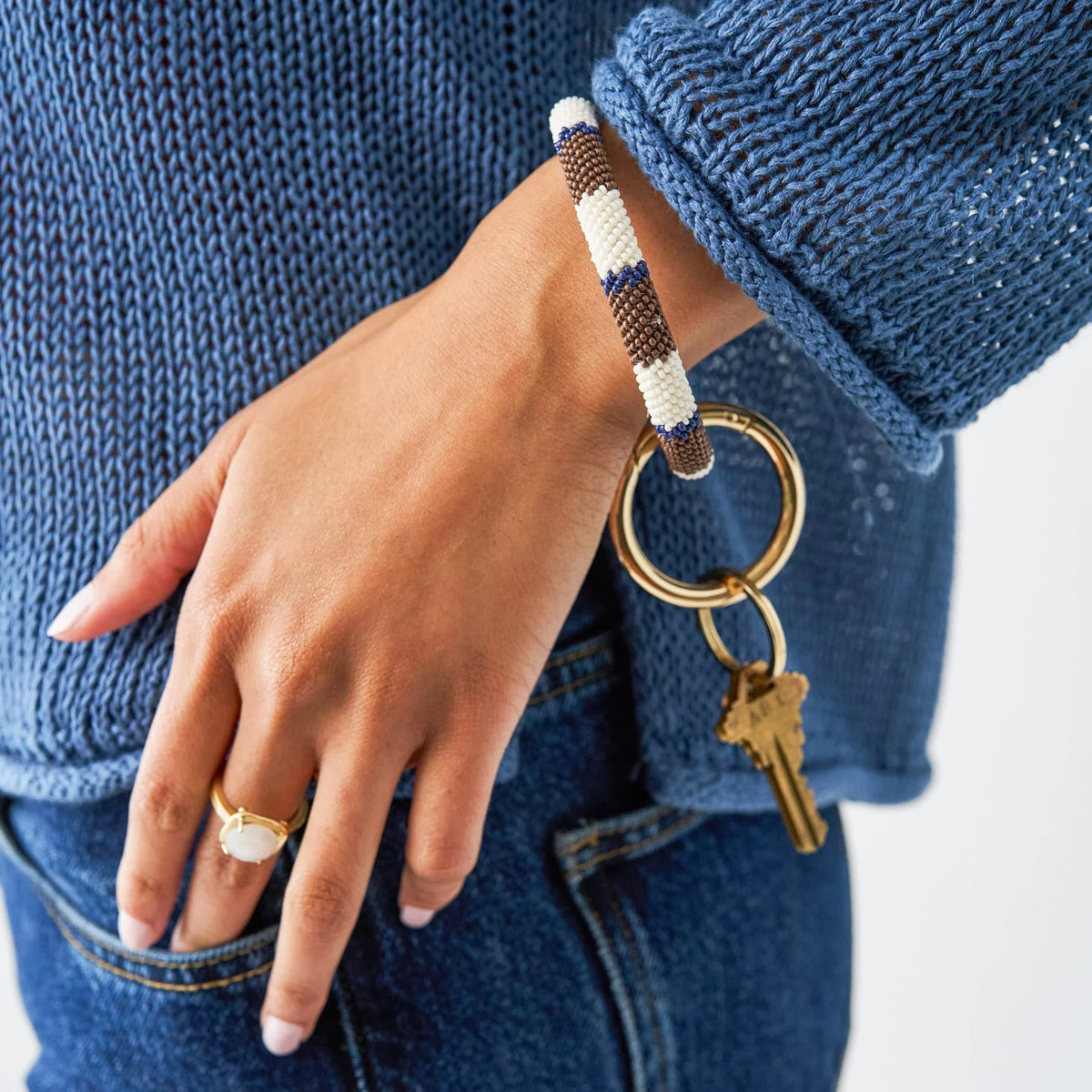 Chloe Stripe Keyring - brown, navy, & ivory