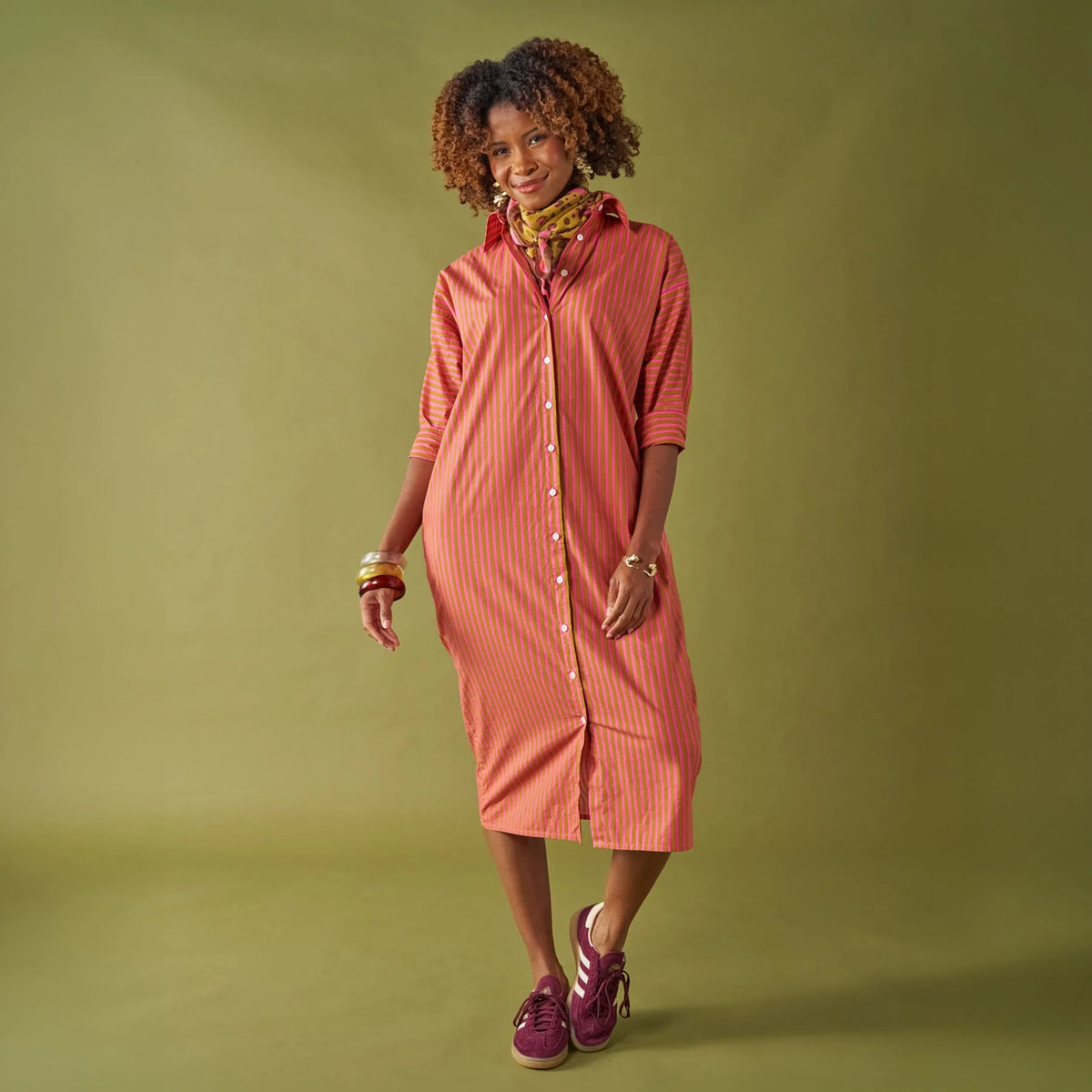 Colette Shirtdress – Camel & Hot Pink stripe