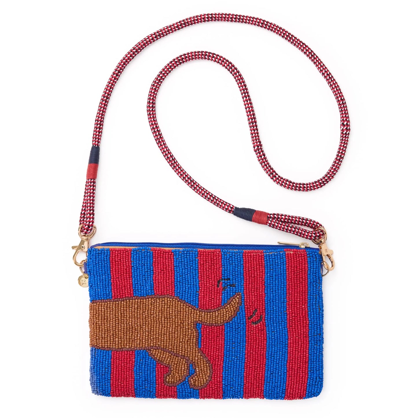 Elenor Red & Blue Striped Beaded Dachshund Clutch w/ Strap