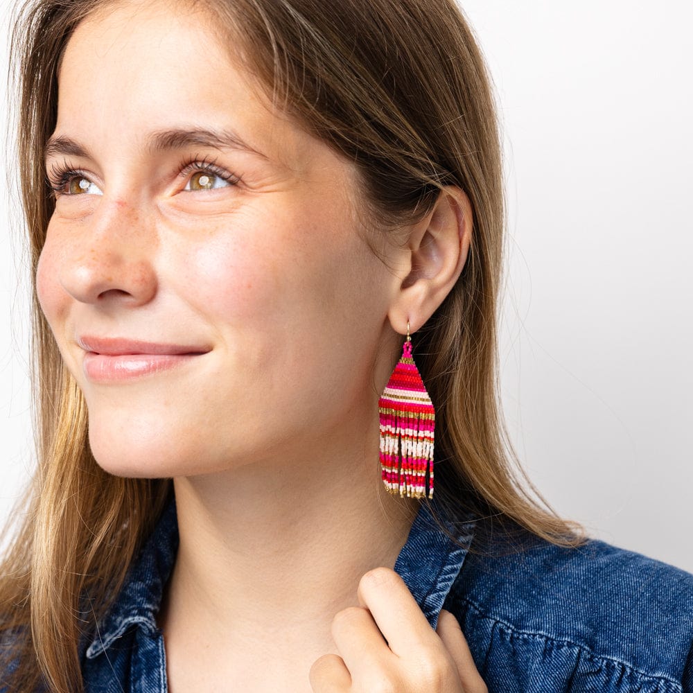 Lexie horizontal stripe beaded fringe earrings – Mixed / hot pink