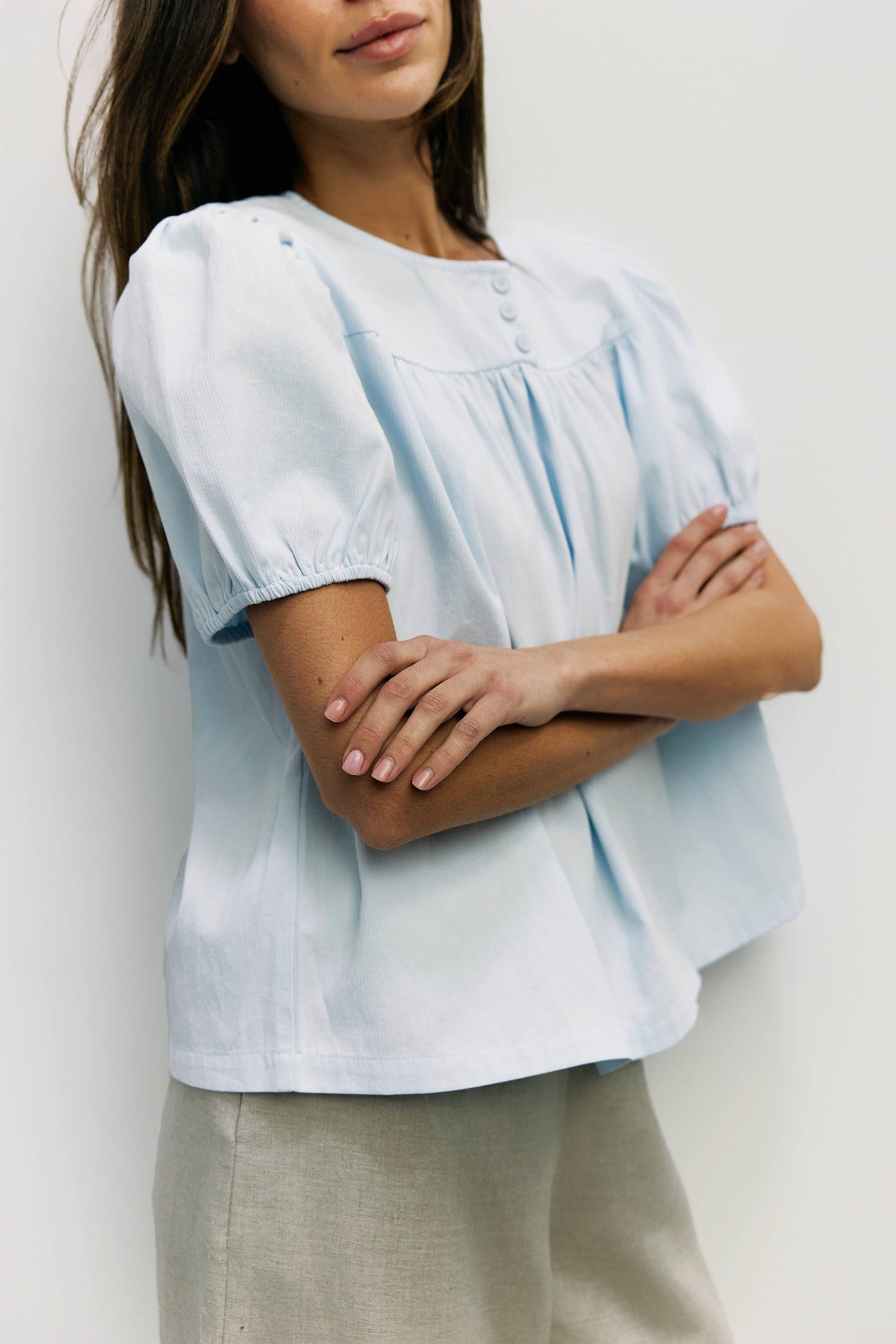 The Hazel Top | Puff Sleeve Baby Doll Blouse: Blue / MEDIUM