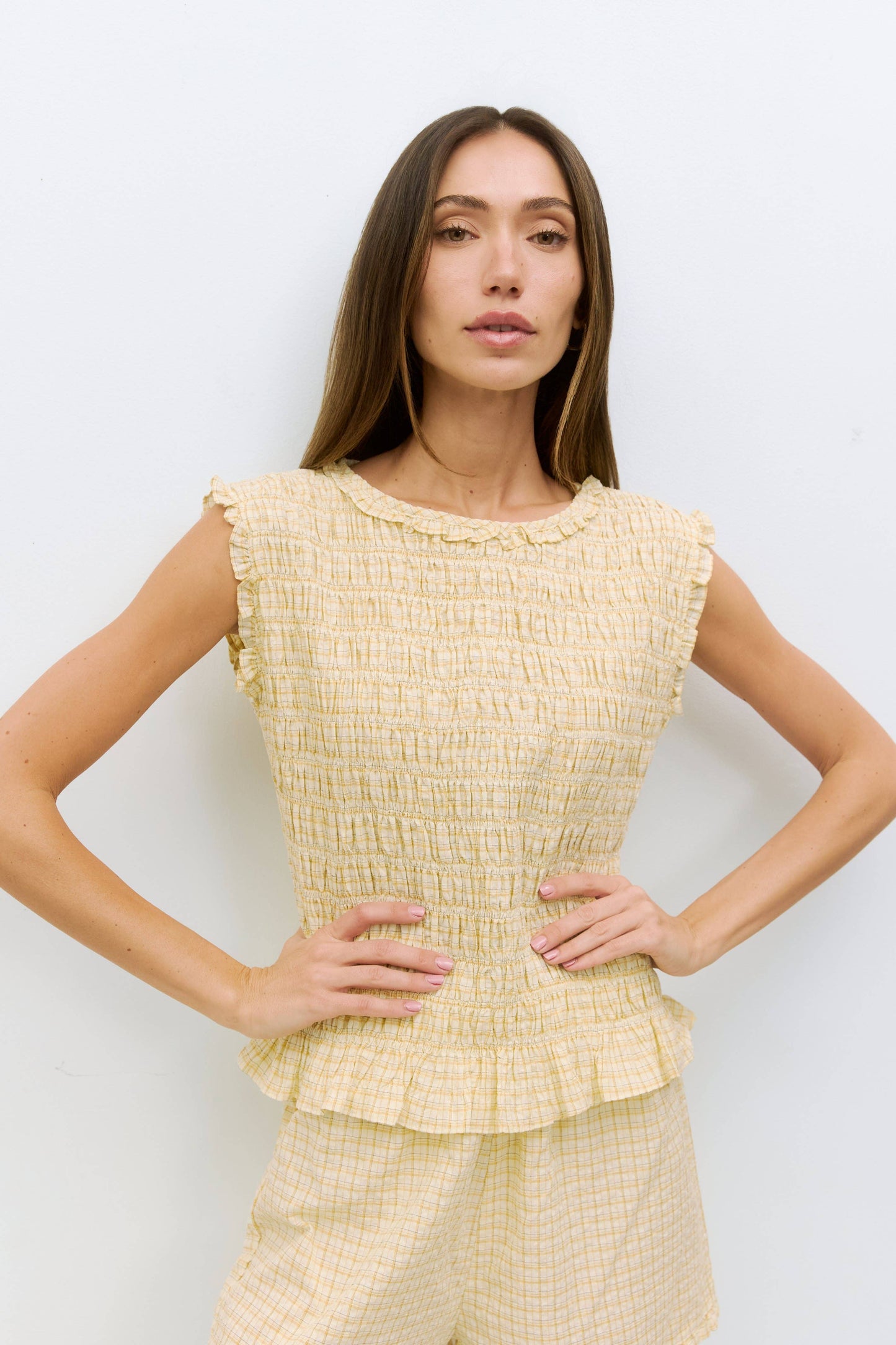The Suri Top | Plaid Crinkle Top: Red/Yellow / MEDIUM
