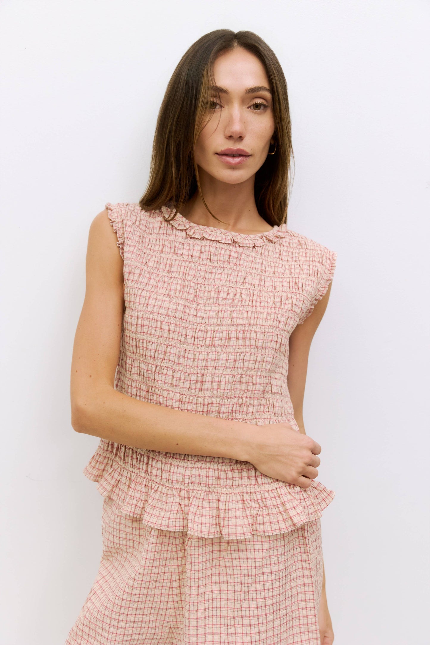 The Suri Top | Plaid Crinkle Top: Red/Yellow / LARGE