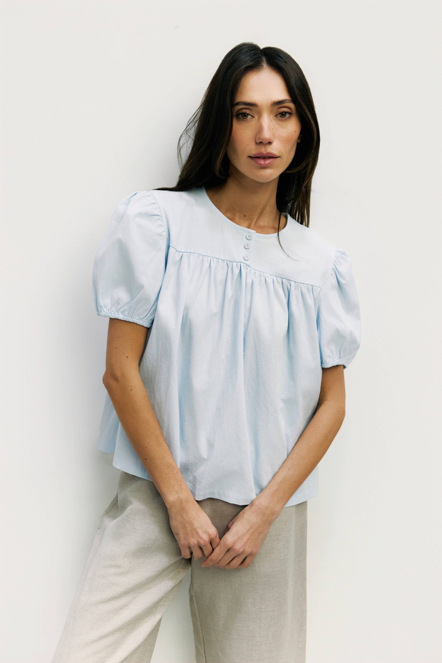 The Hazel Top | Puff Sleeve Baby Doll Blouse: Blue / MEDIUM