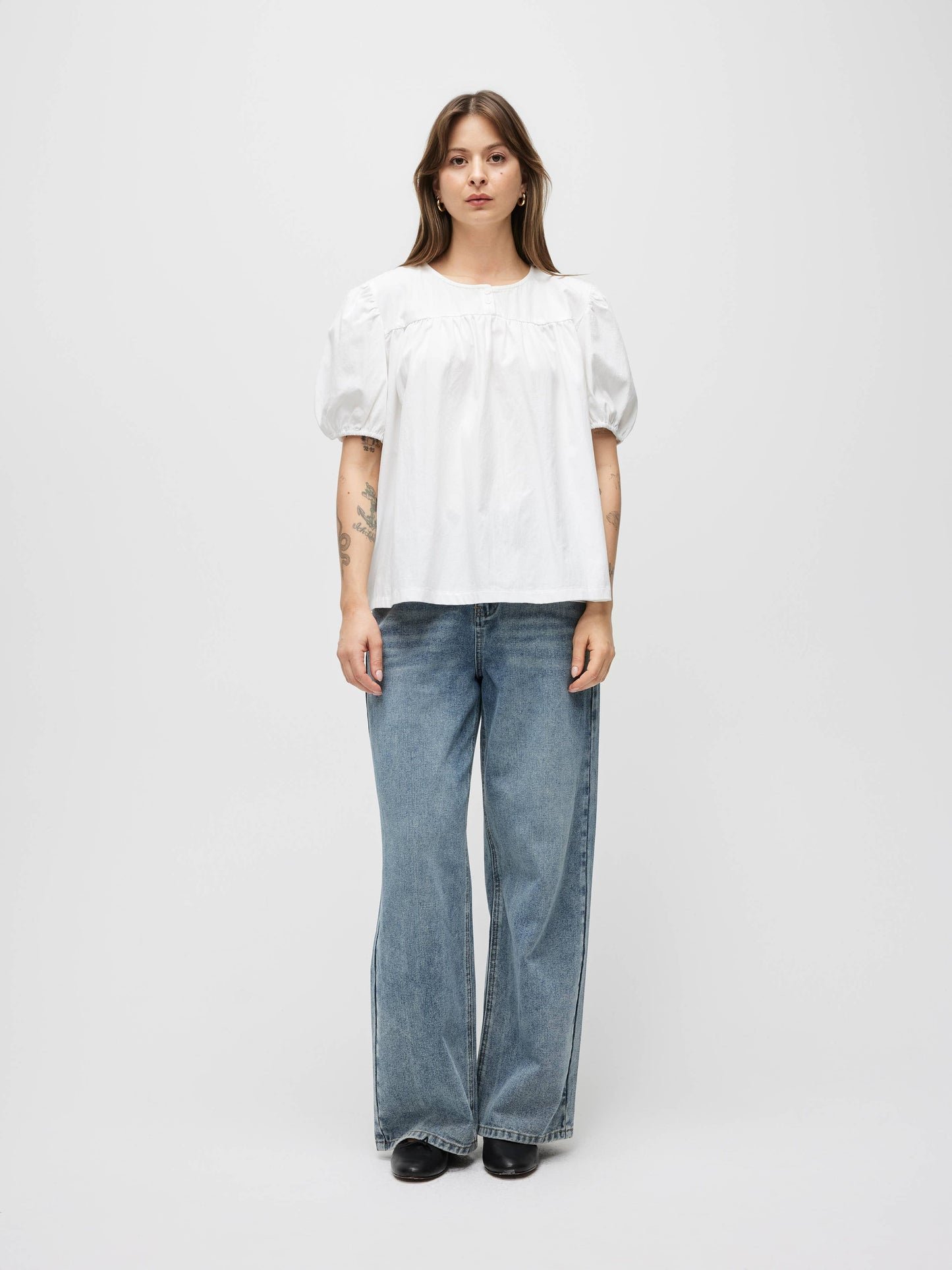 The Hazel Top | Puff Sleeve Baby Doll Blouse: Blue / SMALL