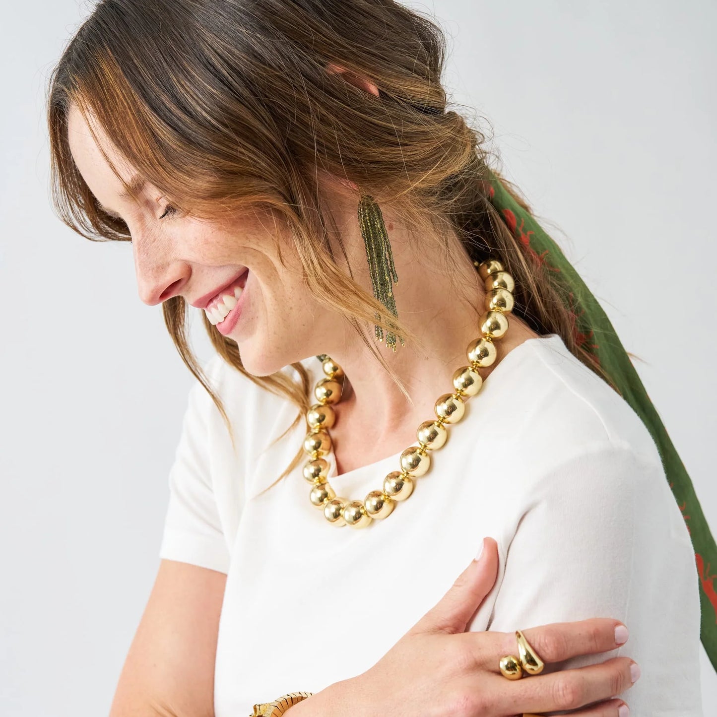 Marissa brass and bead fringe earrings – Olive
