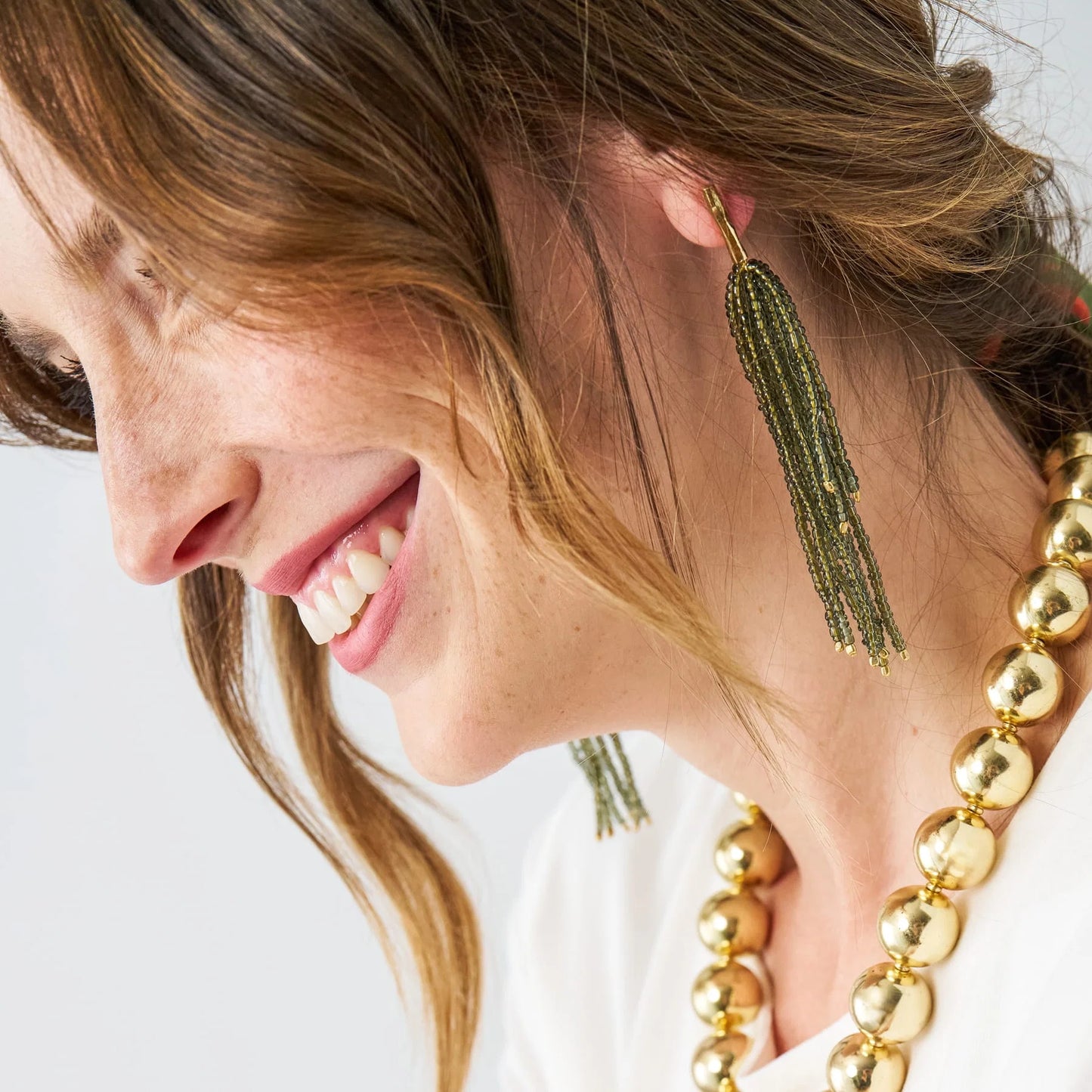 Marissa brass and bead fringe earrings – Olive
