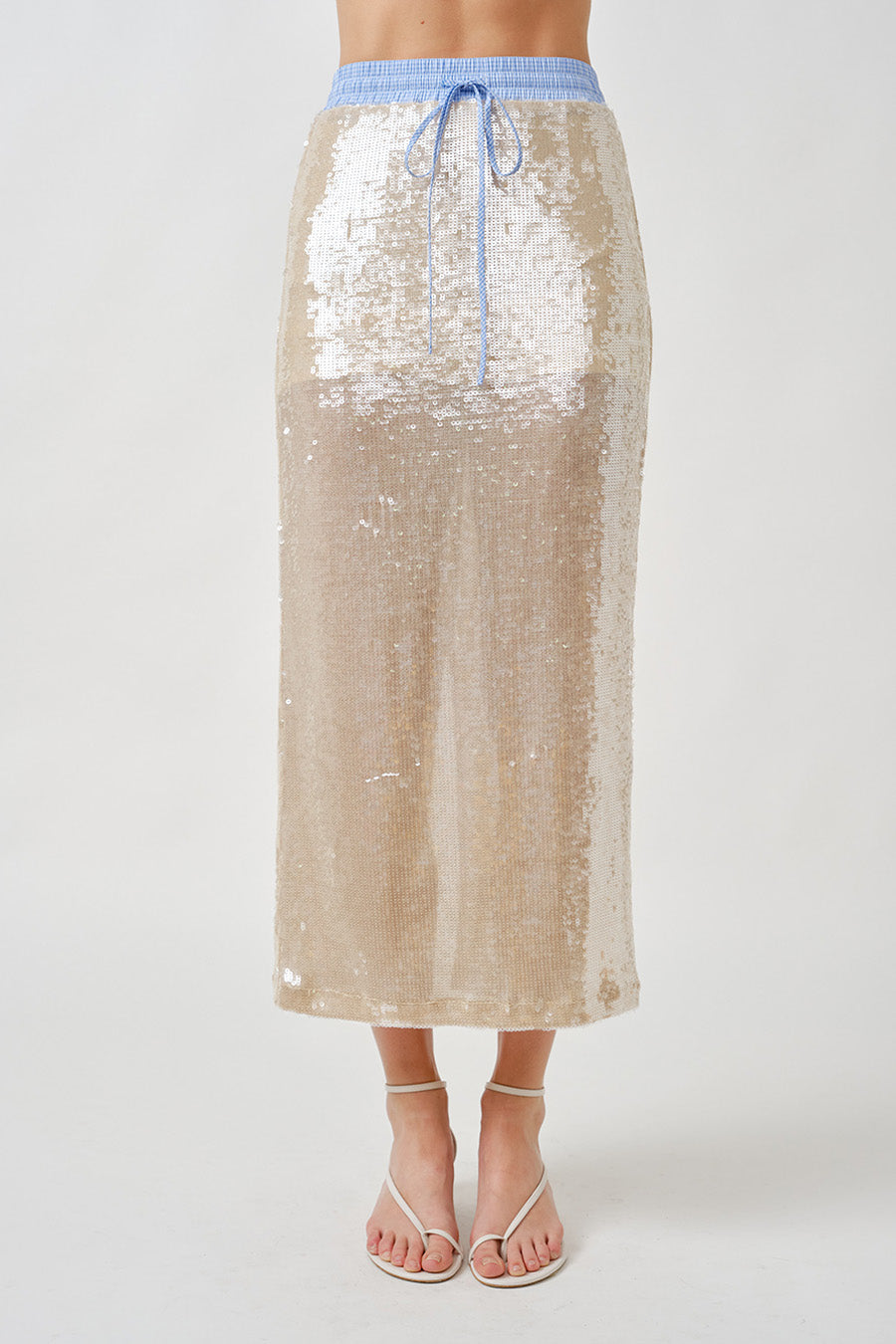 Sequin Midi Pencil Skirt W/ Plaid Contrast