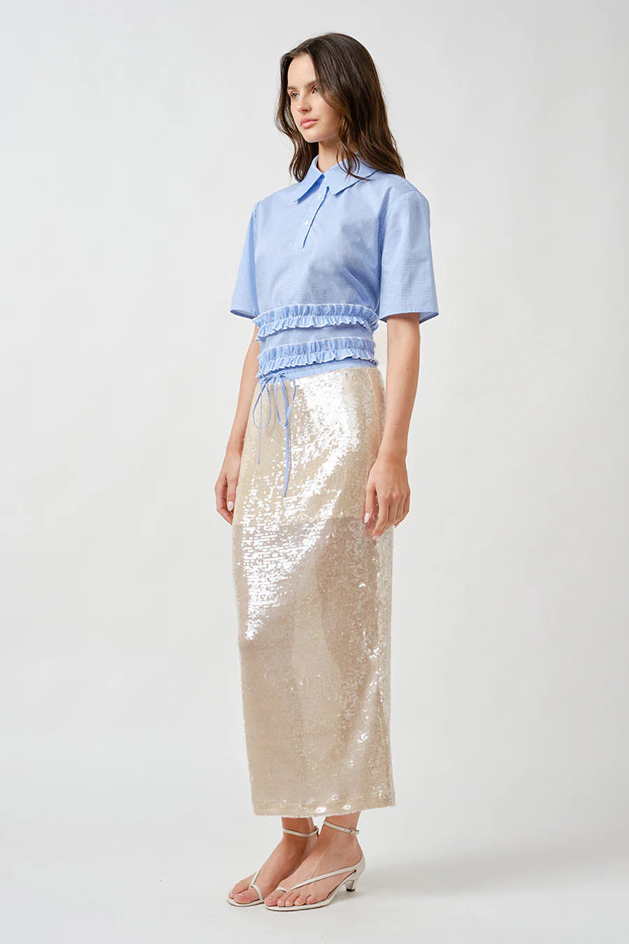 Sequin Midi Pencil Skirt W/ Plaid Contrast