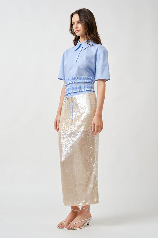 Sequin Midi Pencil Skirt W/ Plaid Contrast