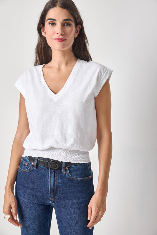 Smocked Hem V-Neck - White