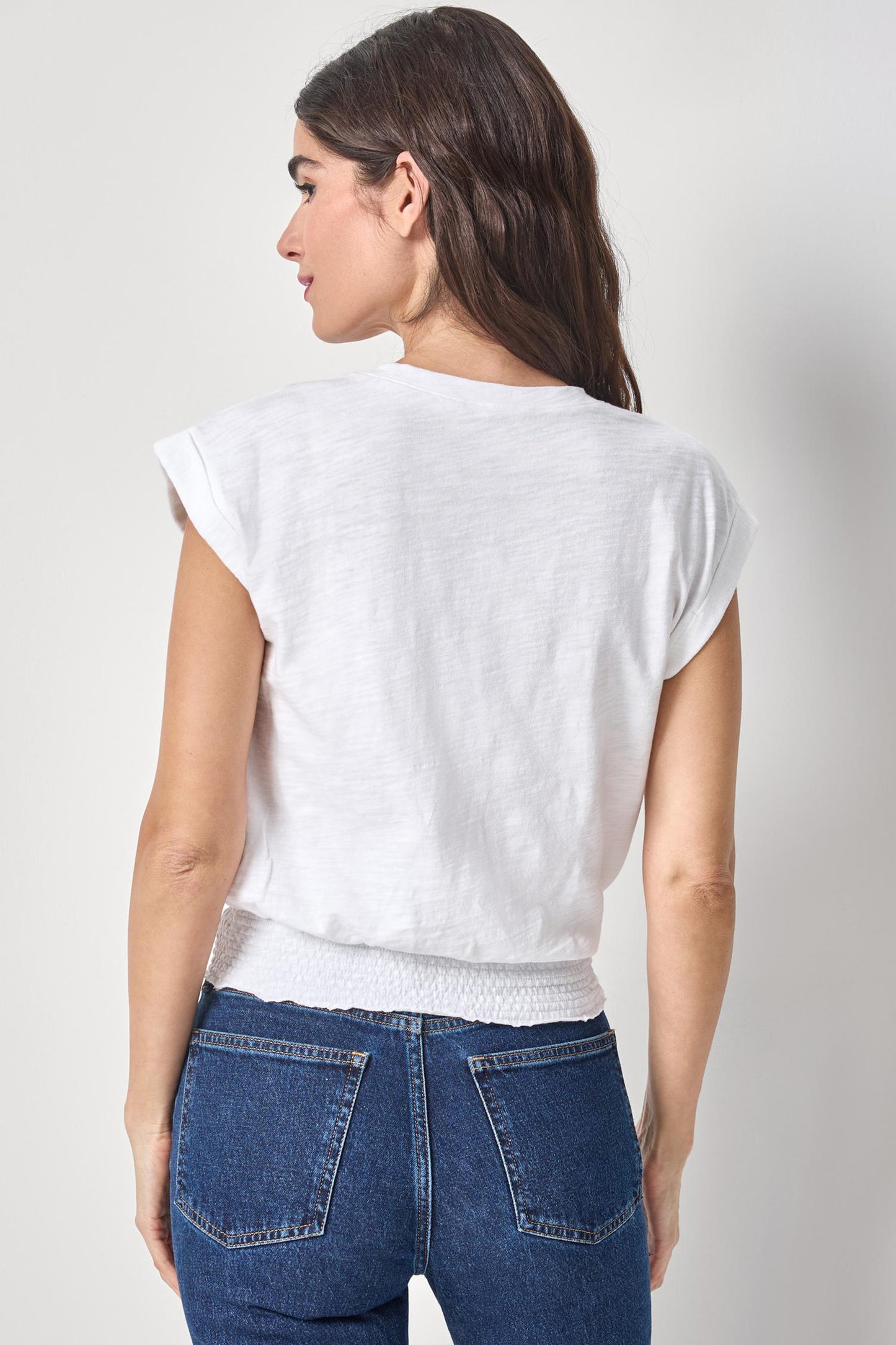 Smocked Hem V-Neck - White