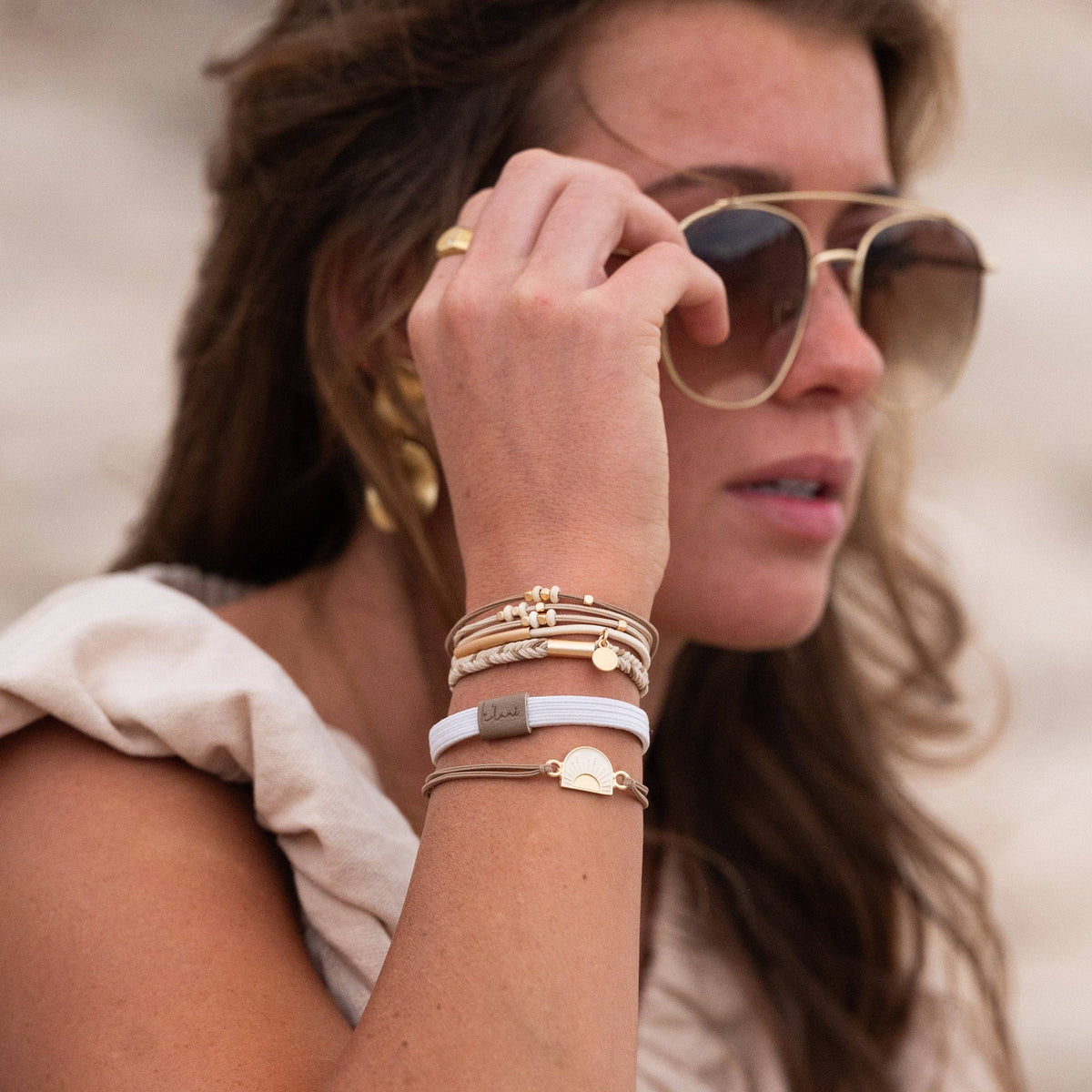 "Rise" Cream and Tan With Gold and Sun Accents Hair Tie Bracelets