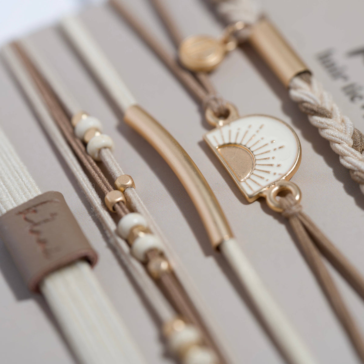 "Rise" Cream and Tan With Gold and Sun Accents Hair Tie Bracelets