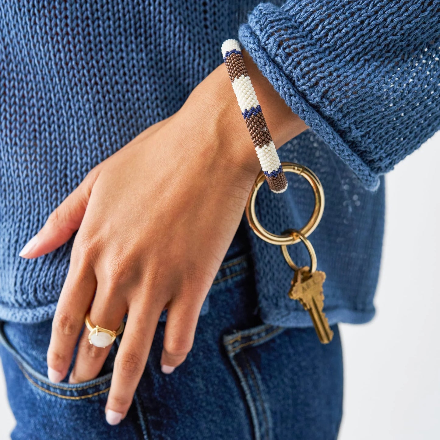 Chloe Stripe Keyring - brown, navy, & ivory