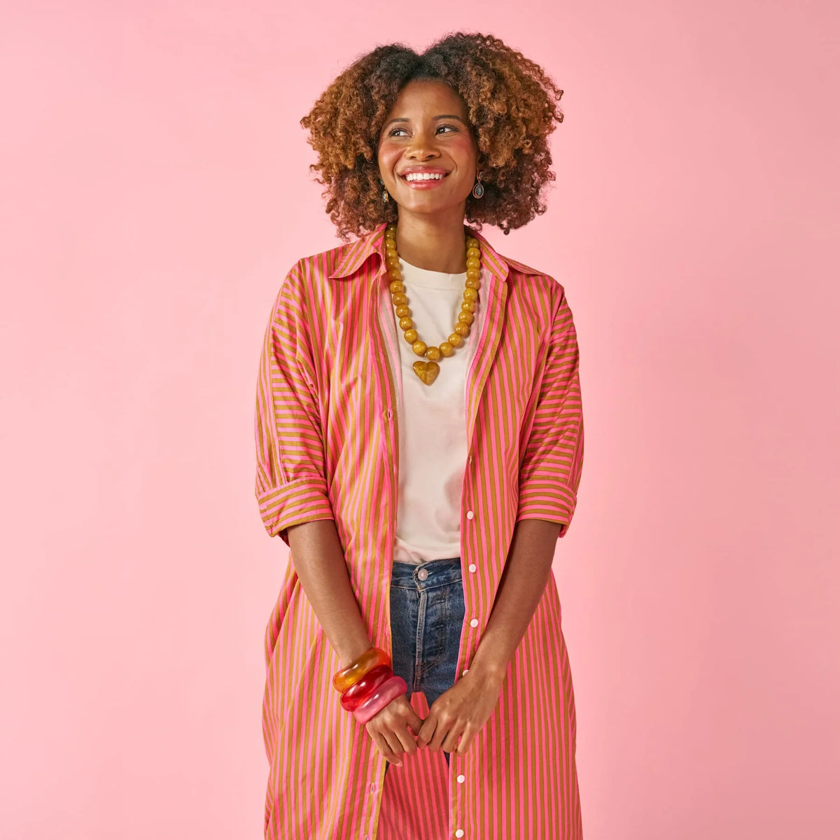 Colette Shirtdress – Camel & Hot Pink stripe