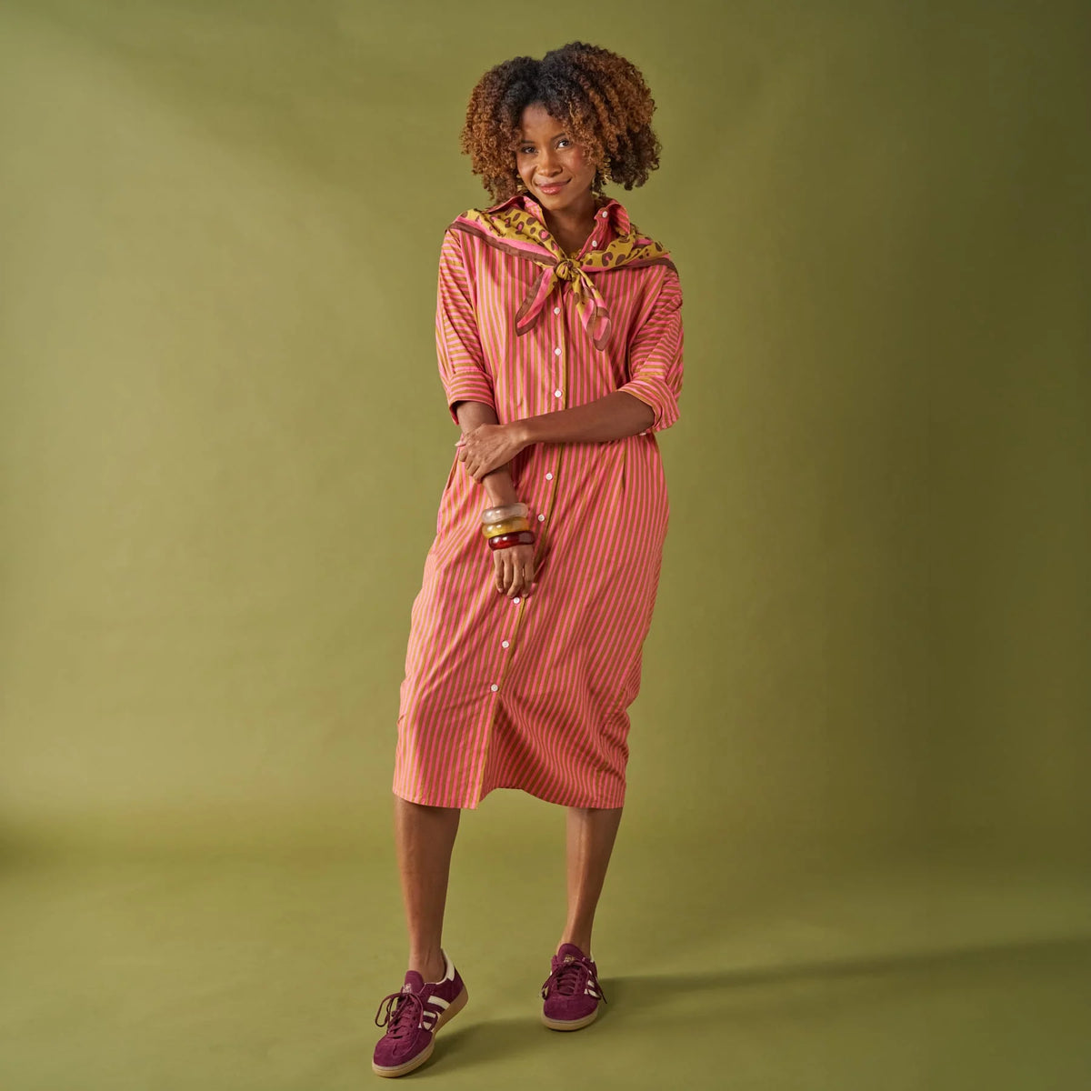 Colette Shirtdress – Camel & Hot Pink stripe