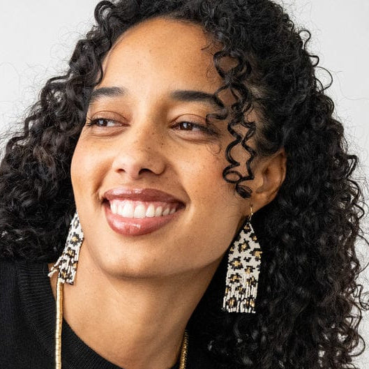 Delilah cheetah beaded fringe earrings – Ivory, black