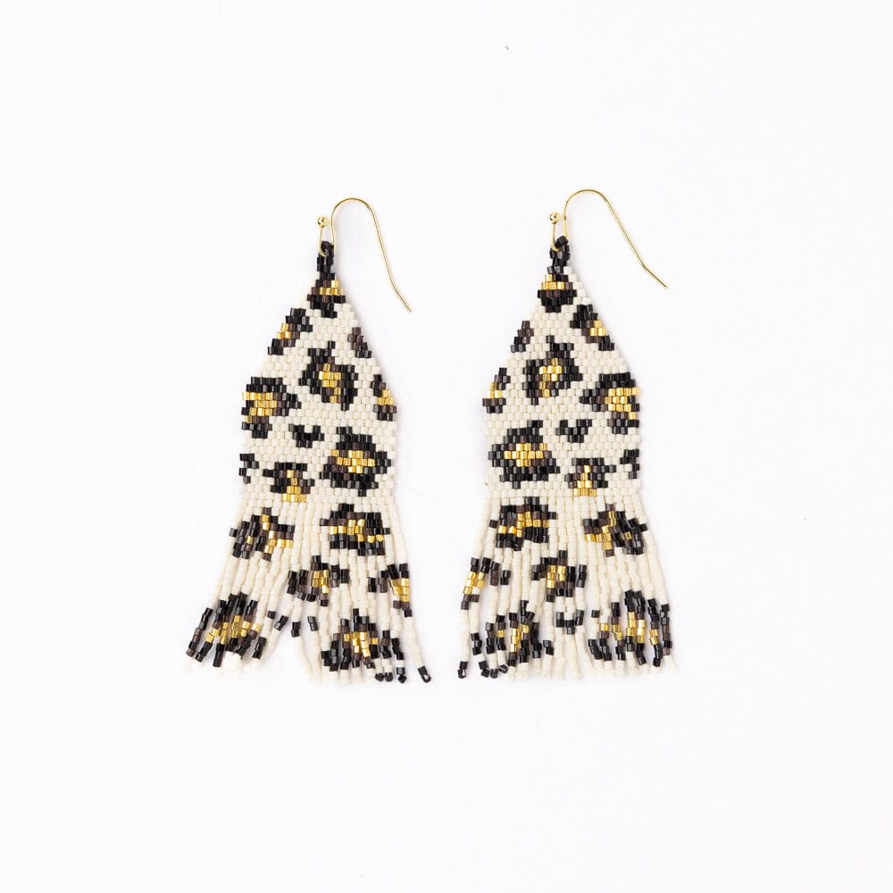 Delilah cheetah beaded fringe earrings – Ivory, black