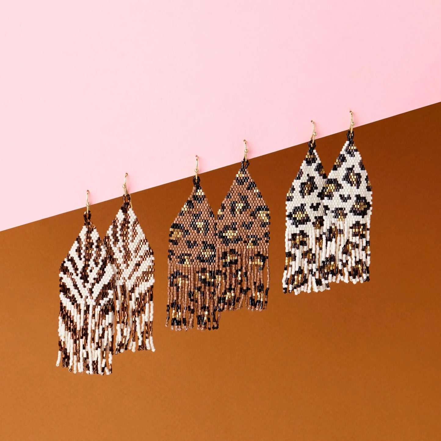Delilah cheetah beaded fringe earrings – Ivory, black