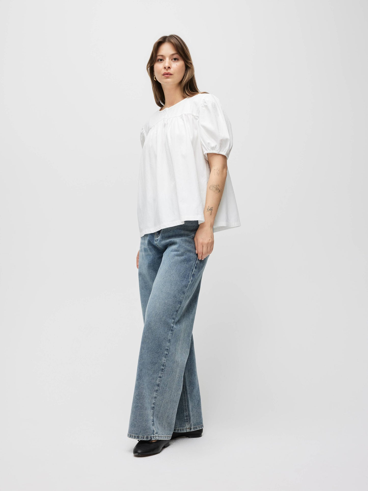 The Hazel Top | Puff Sleeve Baby Doll Blouse: Blue / SMALL