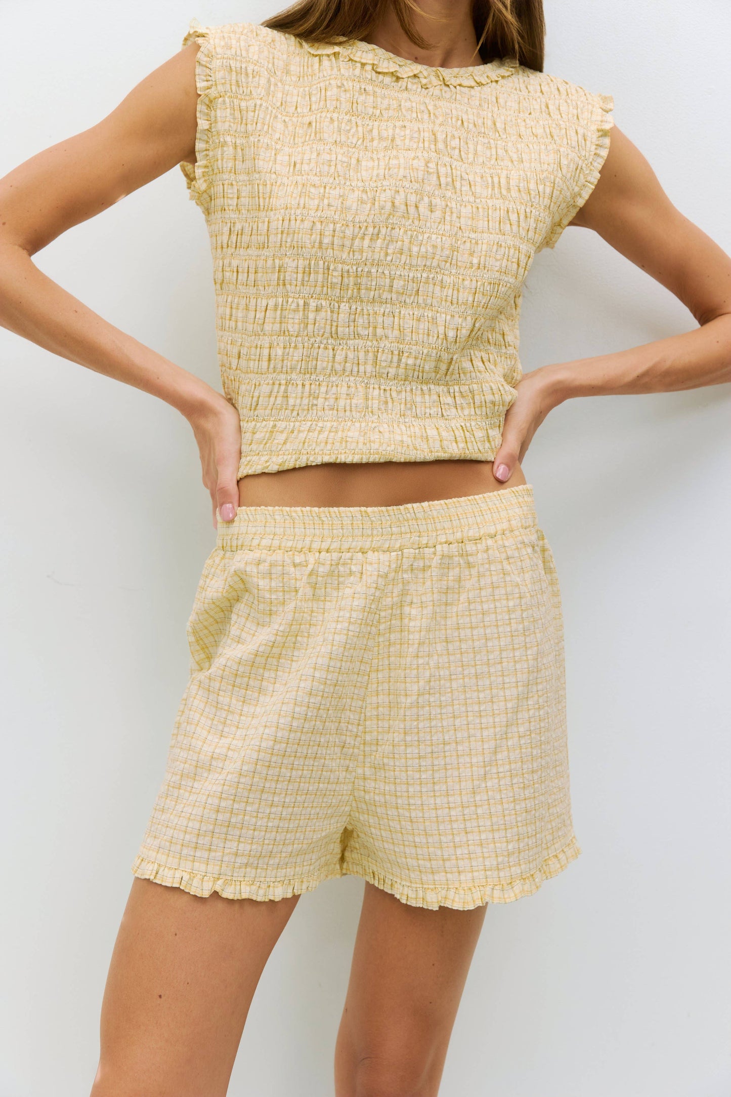 The Suri Top | Plaid Crinkle Top: Red/Yellow / SMALL