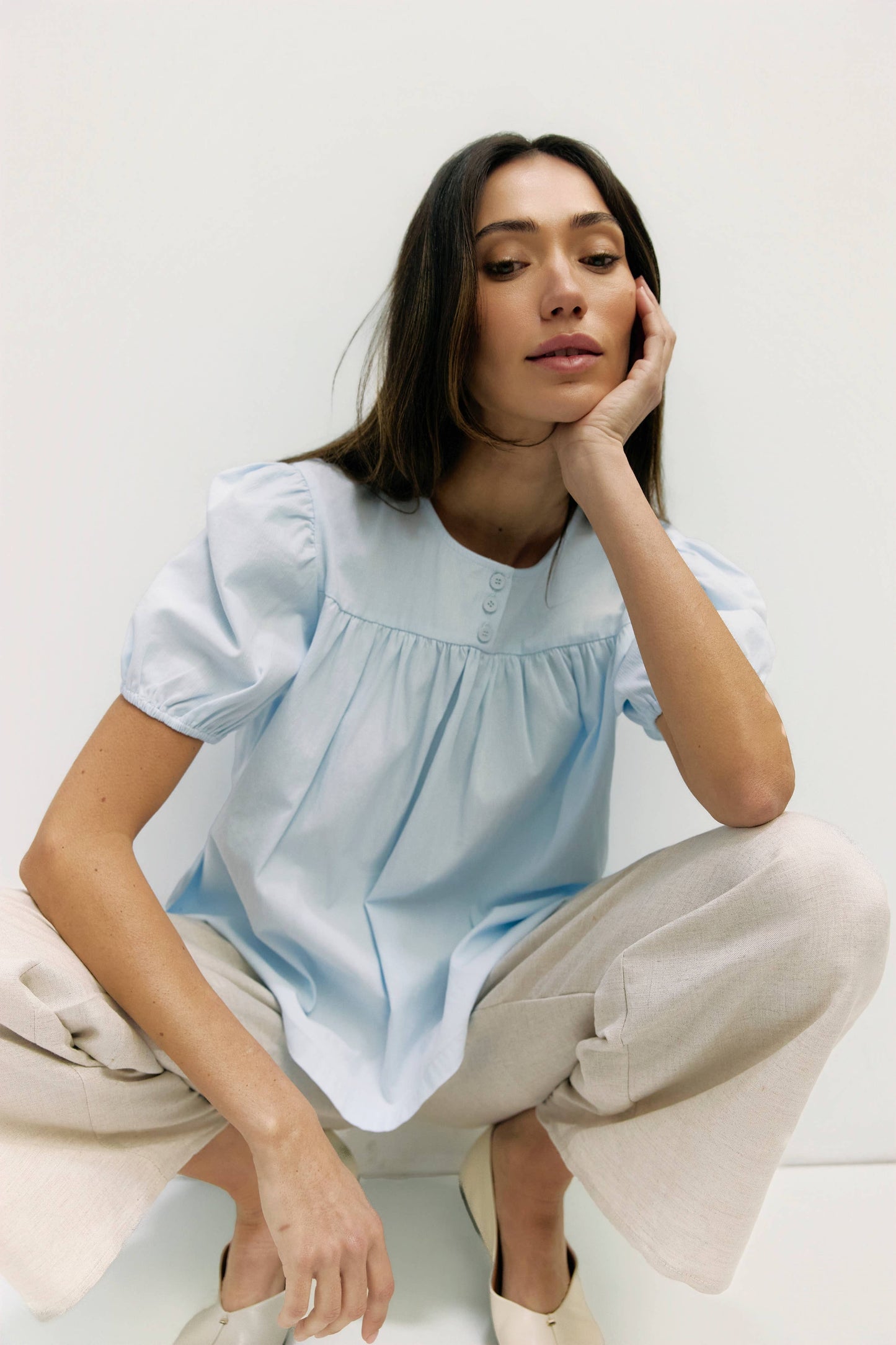 The Hazel Top | Puff Sleeve Baby Doll Blouse: Blue / LARGE