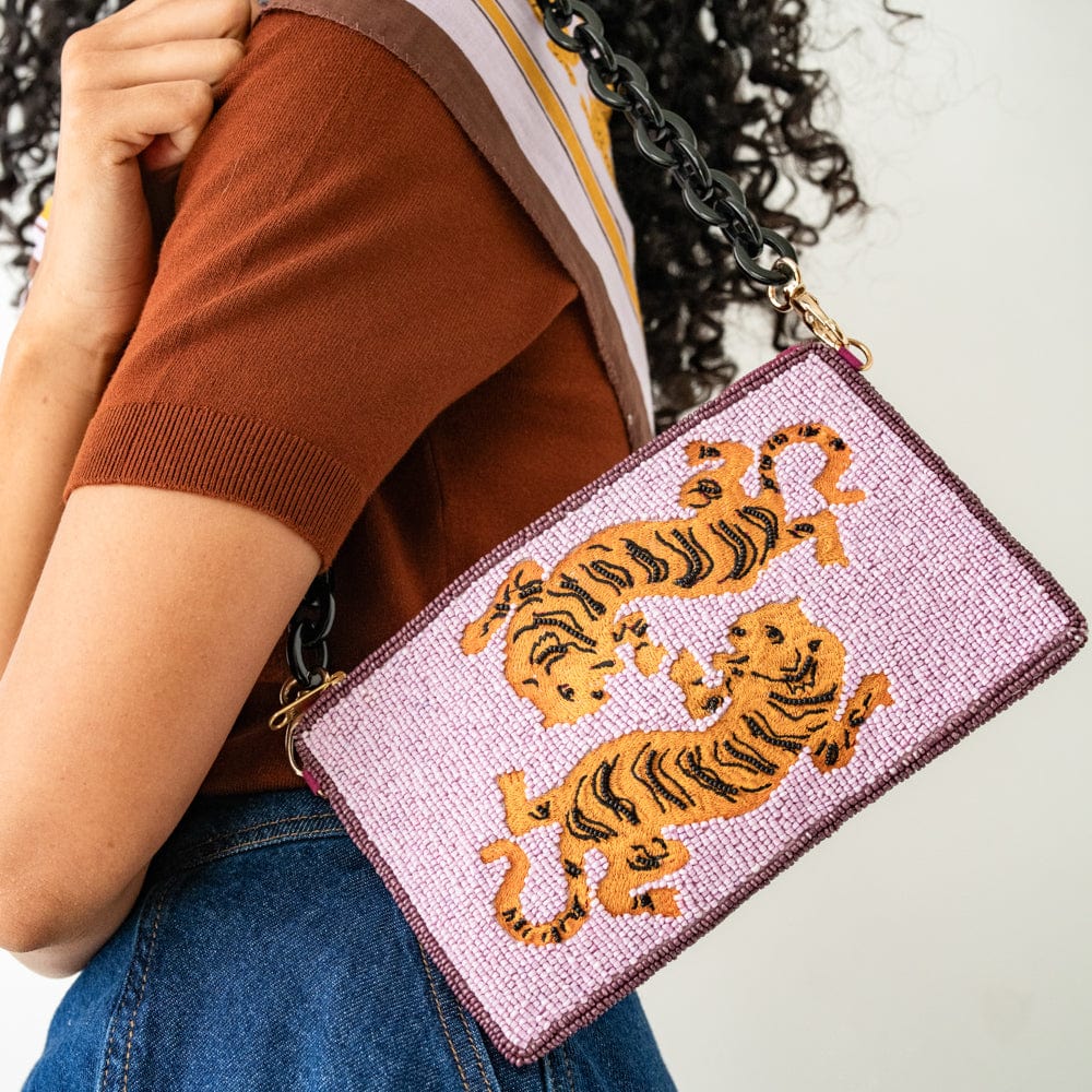 Elenor embroidered tiger purple beaded bag