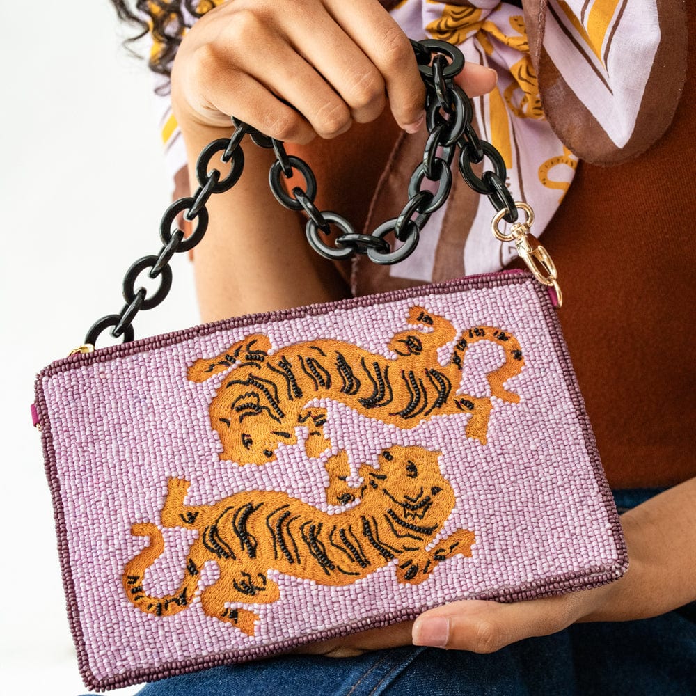 Elenor embroidered tiger purple beaded bag