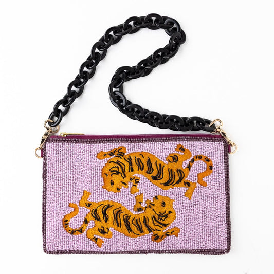 Elenor embroidered tiger purple beaded bag