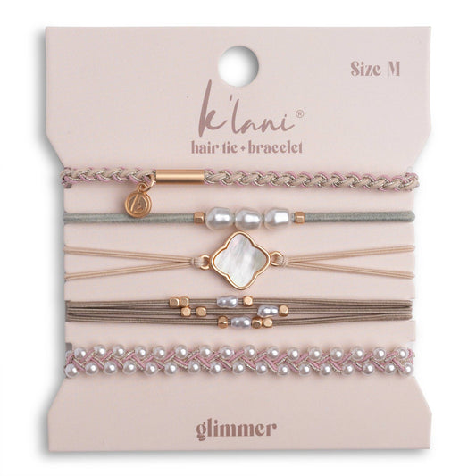 "Glimmer" Soft Pinks with Pearl and Gold Accent Hair Tie Bracelets