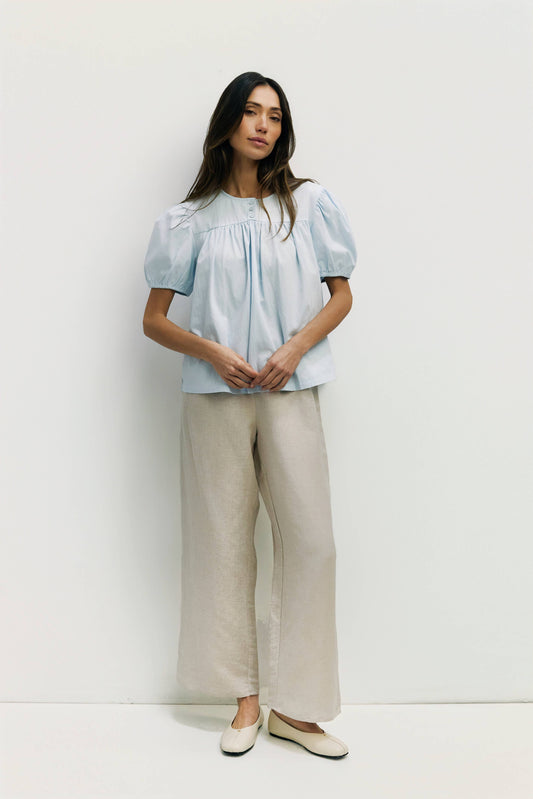 The Hazel Top | Puff Sleeve Baby Doll Blouse: Blue / MEDIUM