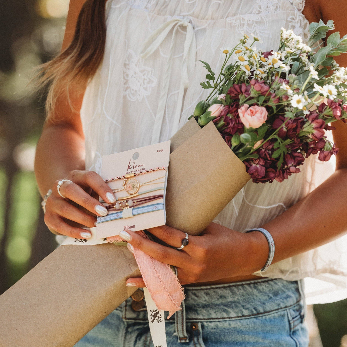 "Bloom" Maroon and Pink with Pressed Flowers Hair Tie Bracelets