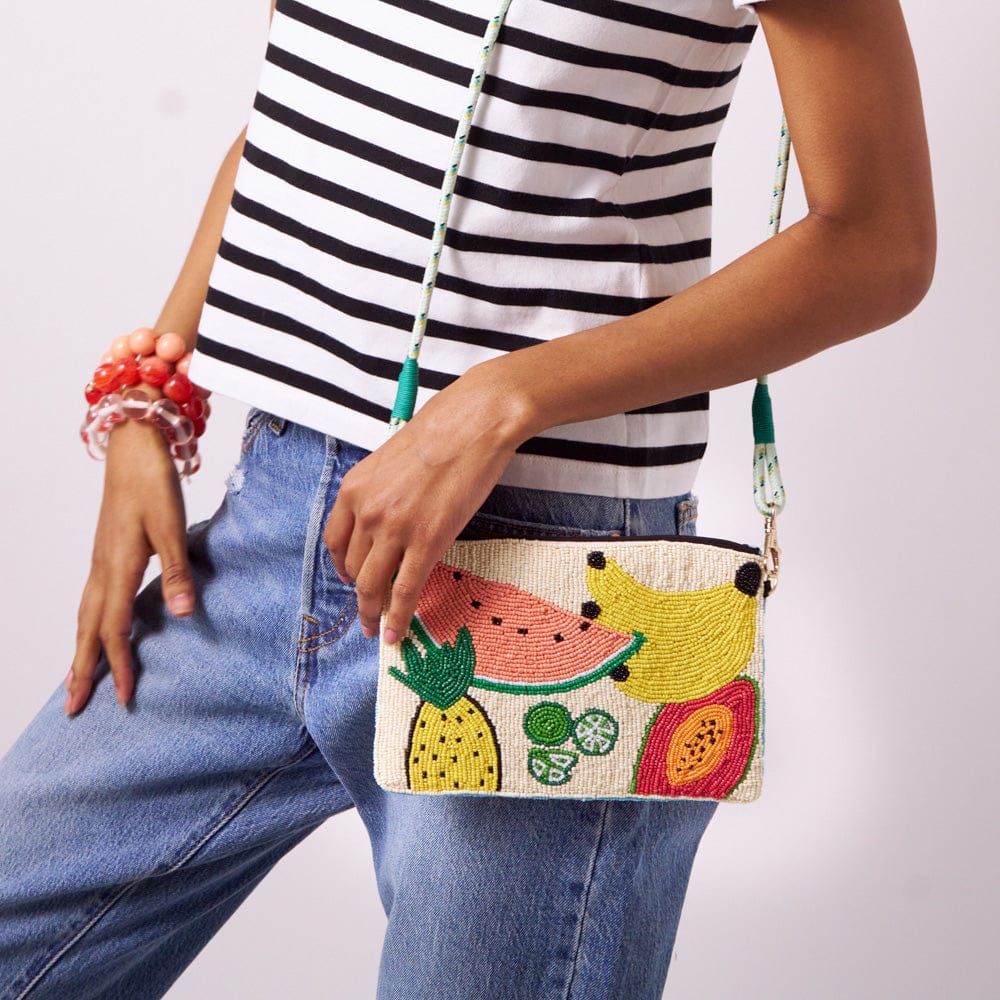 Leila mixed fruit seed bead clutch with strap