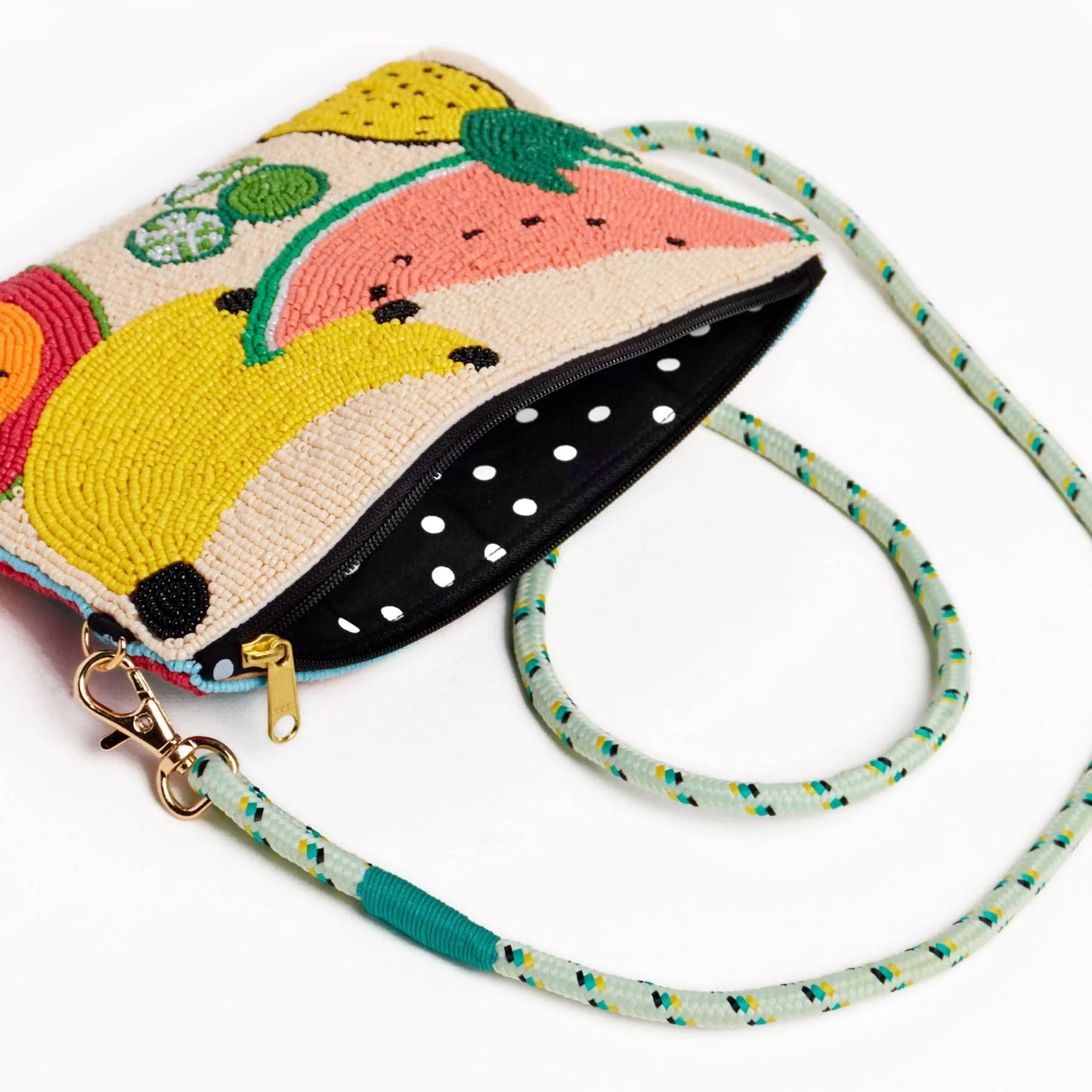 Leila mixed fruit seed bead clutch with strap
