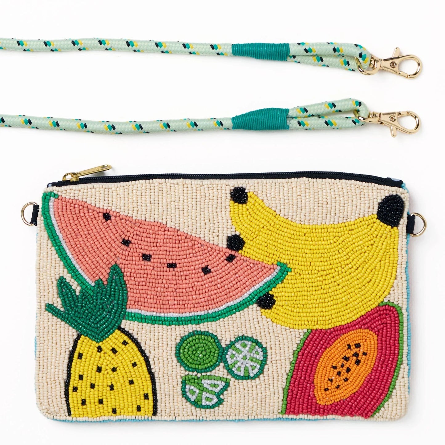 Leila mixed fruit seed bead clutch with strap