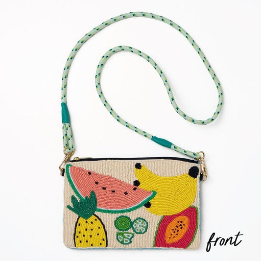 Leila mixed fruit seed bead clutch with strap