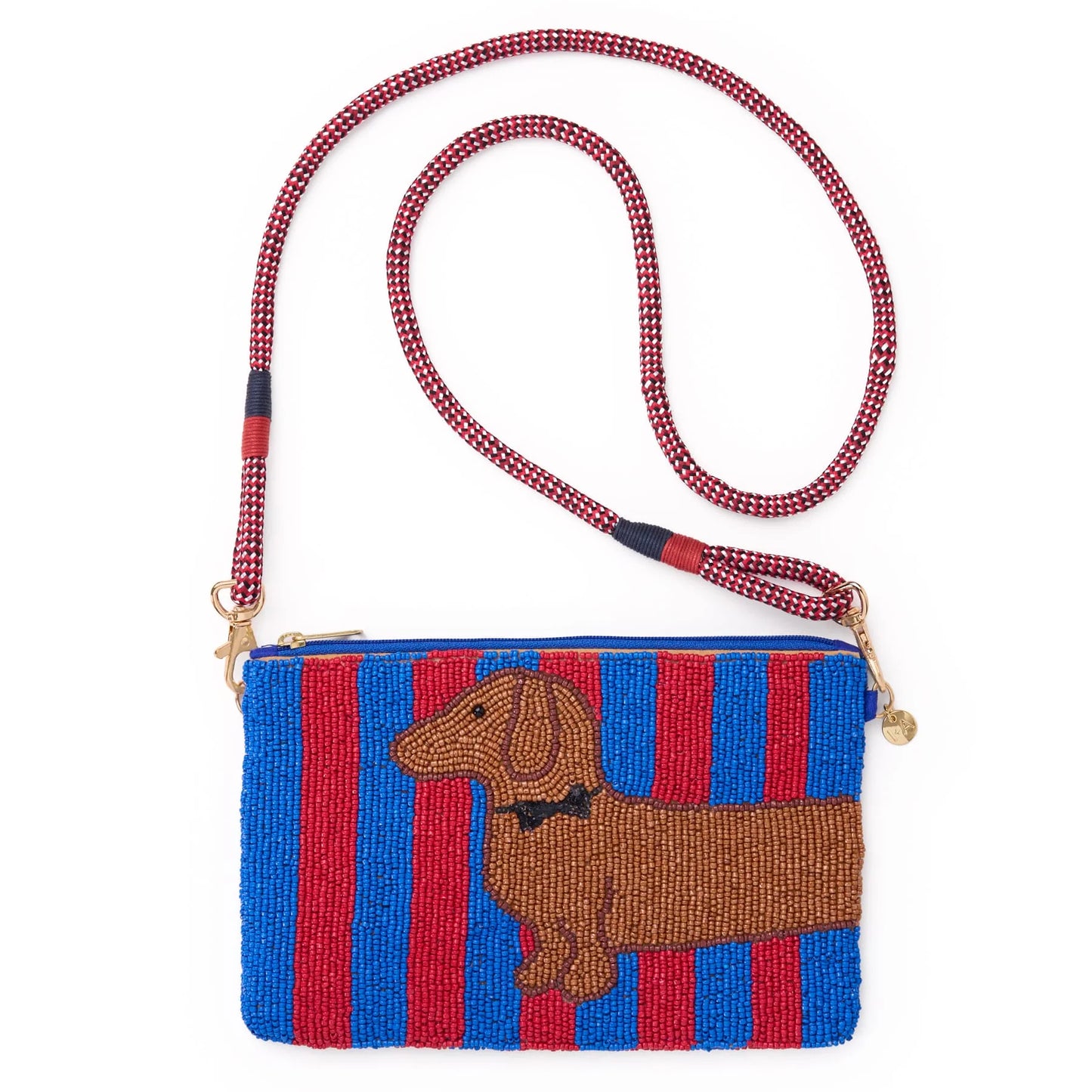 Elenor Red & Blue Striped Beaded Dachshund Clutch w/ Strap