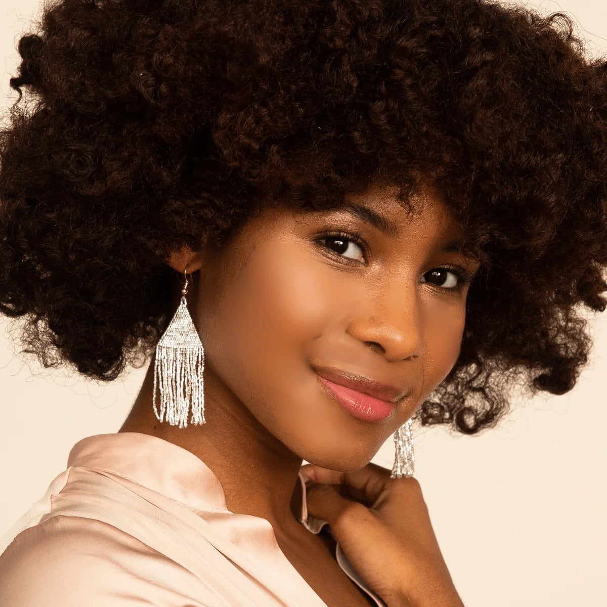 Lexie solid beaded fringe earrings – Silver