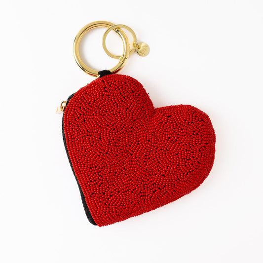 Mary puffy heart seed bead pouch red