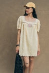 Embroidered Cotton Square Neck Baby Doll Dress W/ Crochet Patch