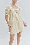Embroidered Cotton Square Neck Baby Doll Dress W/ Crochet Patch